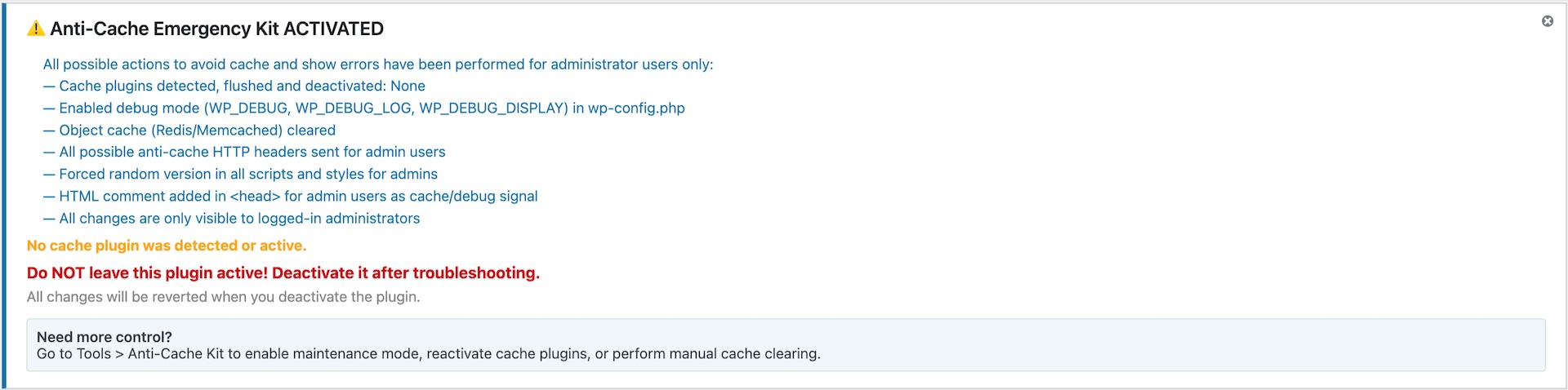 Admin panel with current status and quick actions