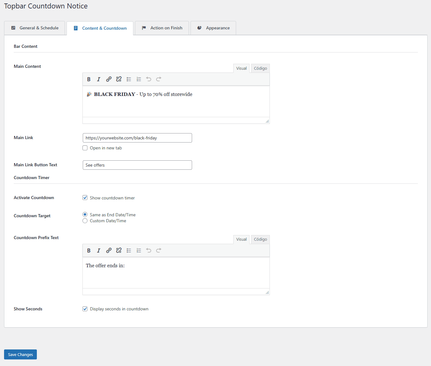 Content & Countdown settings panel - set up messages and countdown timer