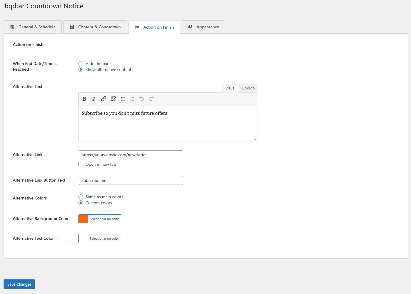 Action on Finish settings panel - define what happens when countdown ends