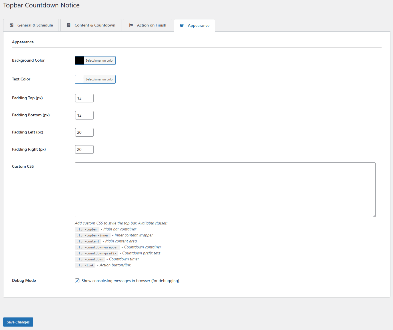 Appearance settings panel - customize colors, padding, and styling