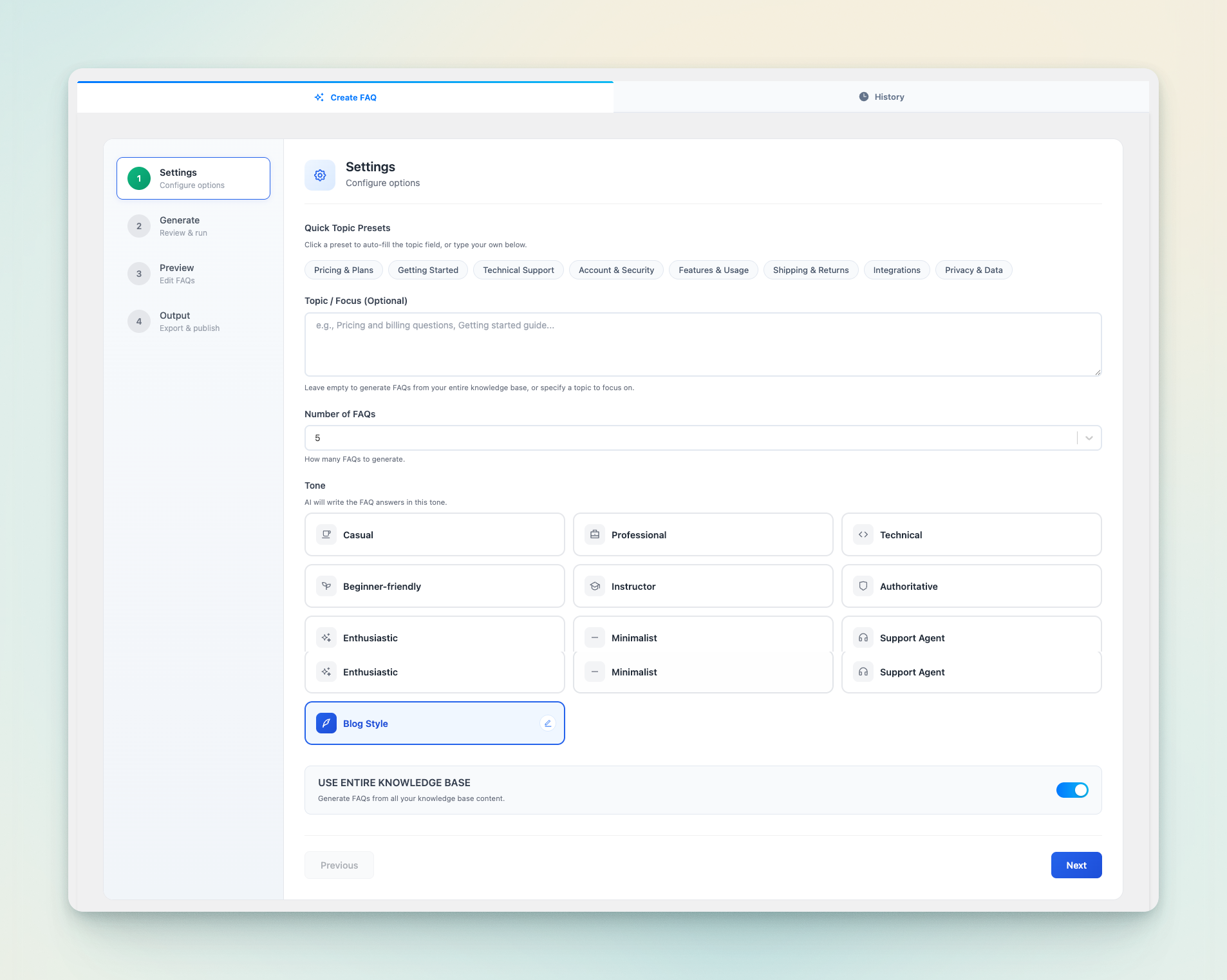 **FAQ Generator** – Generate relevant FAQs automatically from existing content.