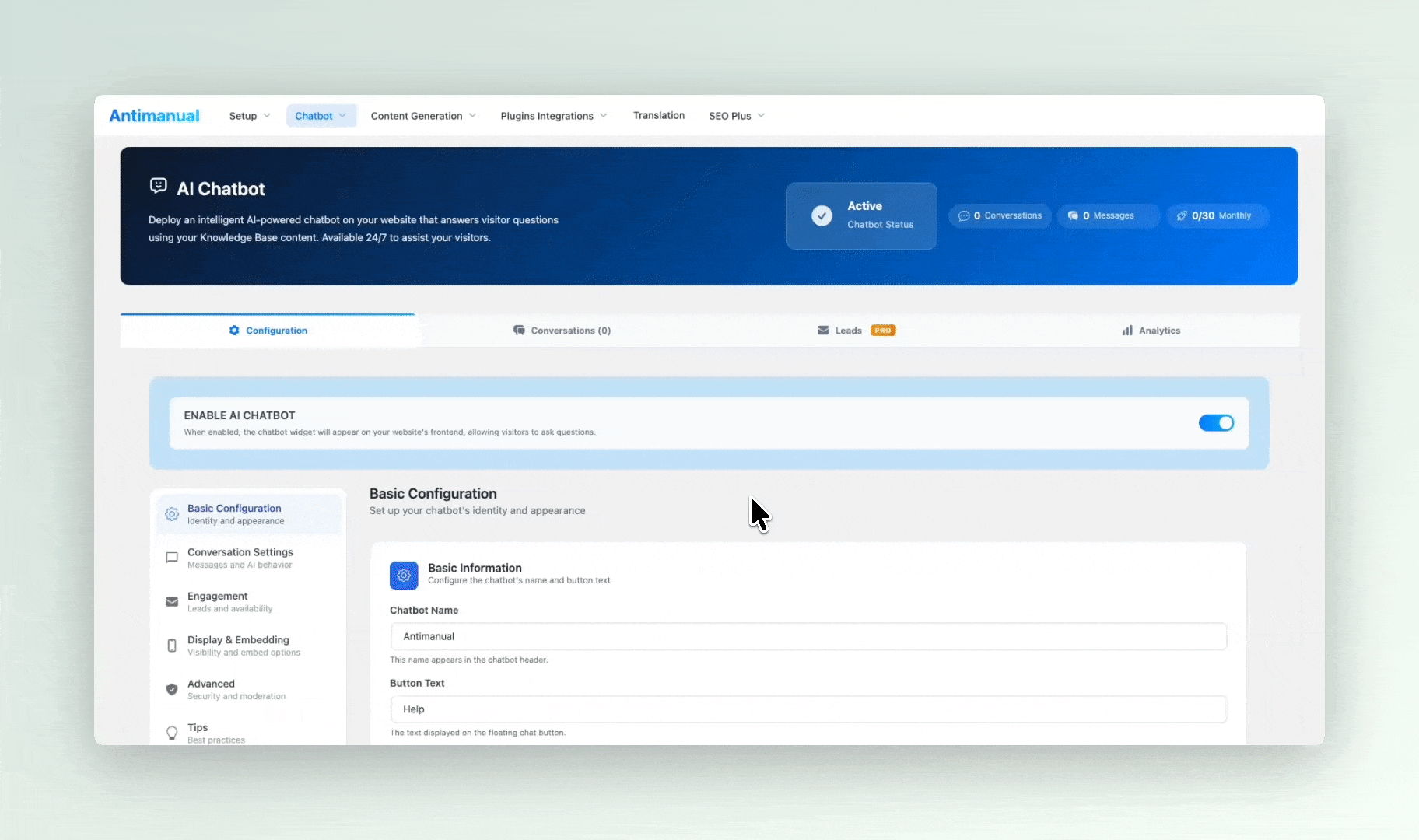 **AI Chatbot** – A trainable assistant that answers visitor questions using your content.