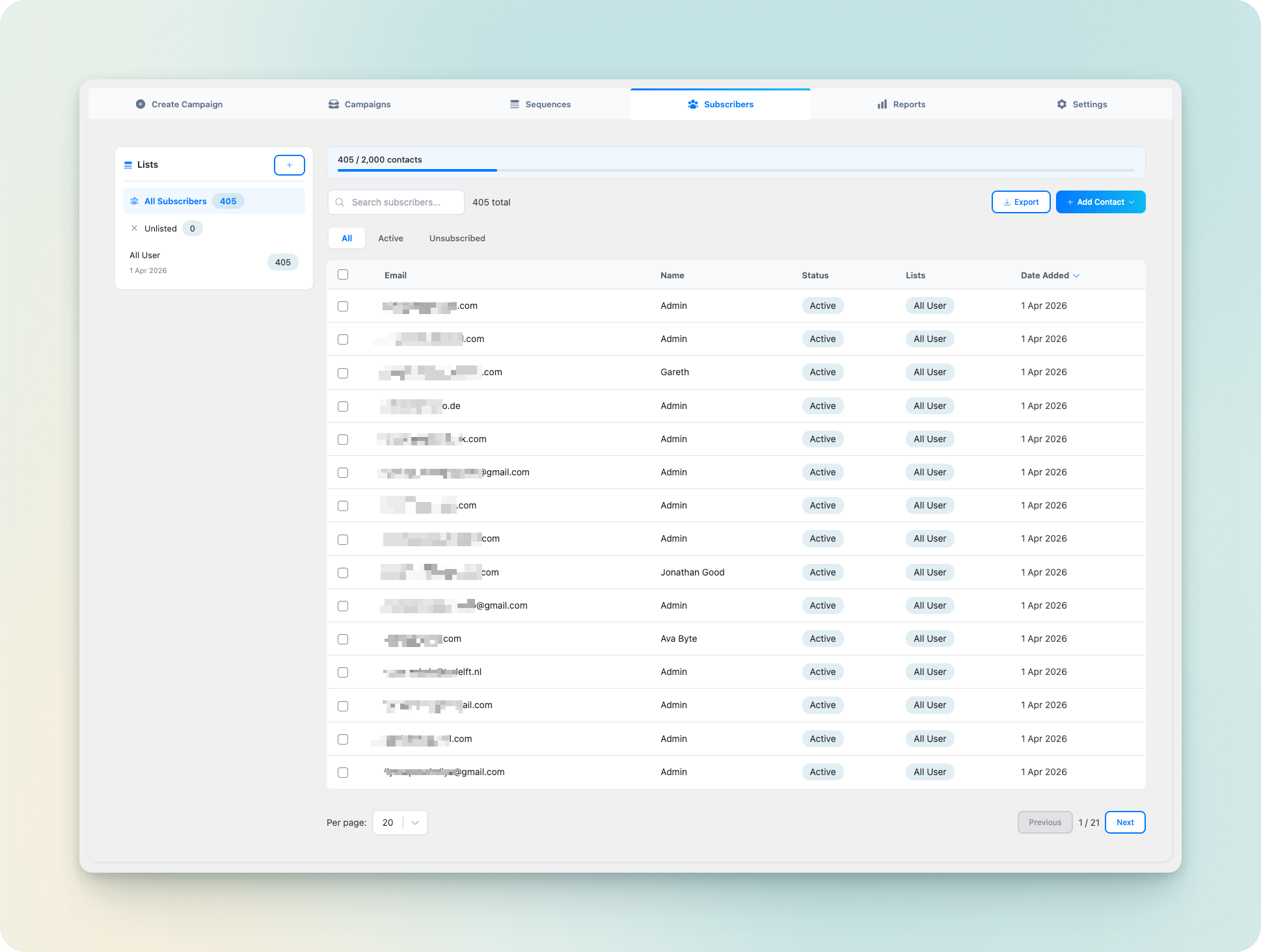 **Subscriber Management** – Manage contacts, organize lists, and track subscriber growth easily.