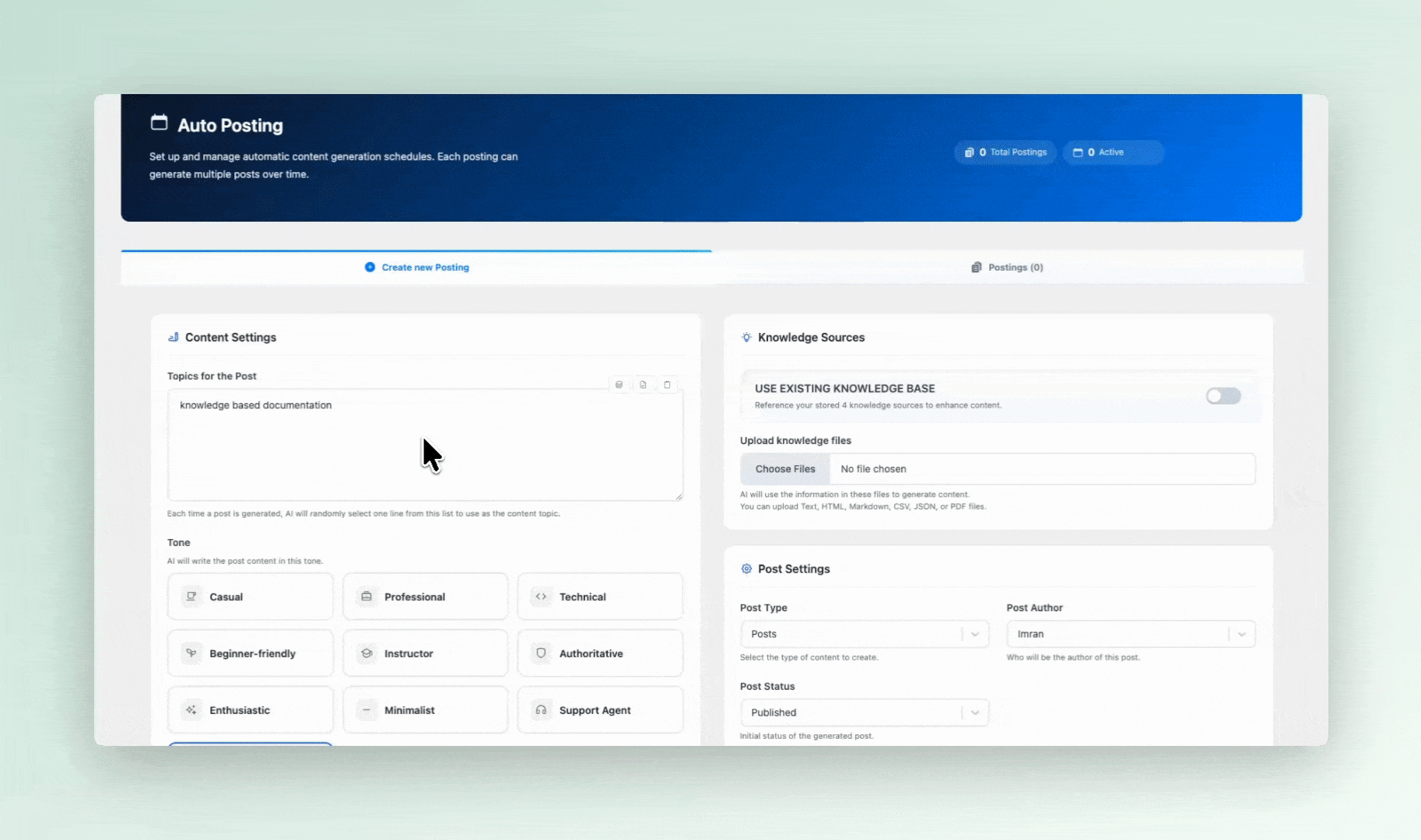 **Auto Posting** – Automatically publish scheduled AI-generated content with customizable frequency controls.