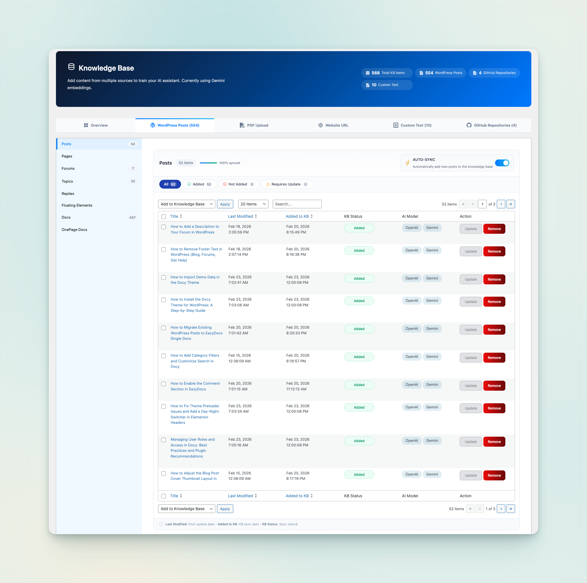 **Knowledge Base** – Build and manage AI-powered documentation knowledge sources easily.