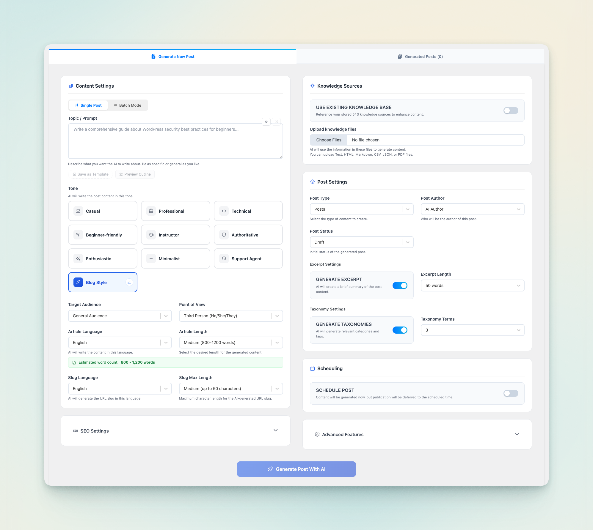 **Generate Post** – Create high-quality SEO-optimized posts with AI assistance.