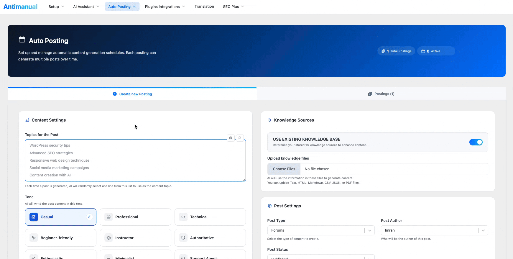**Auto Posting** – Automatically publish scheduled AI-generated content with customizable frequency controls.