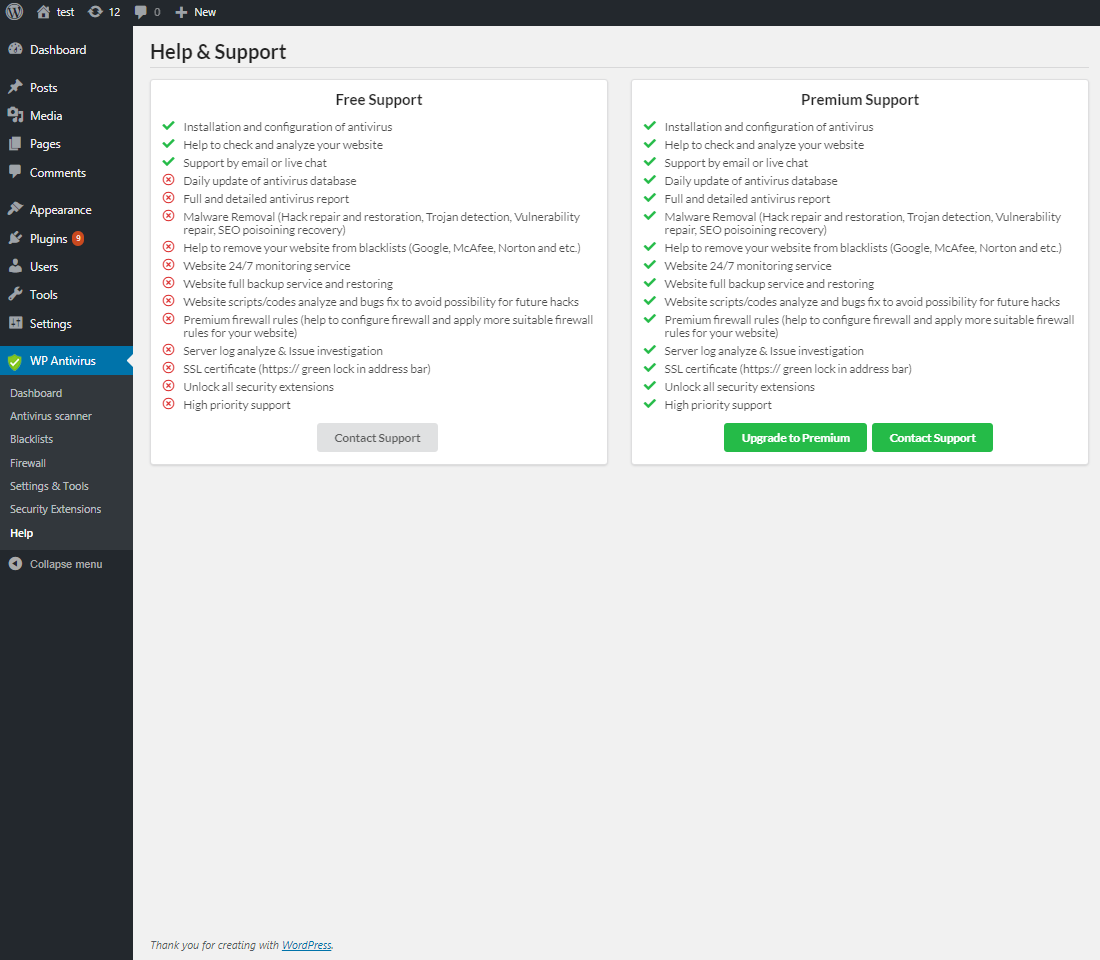 Dashboard of plugin (checks core files, plugins, themes, administrator accounts).