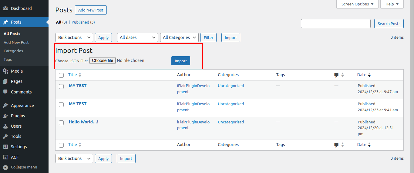 Import post JSON file interface