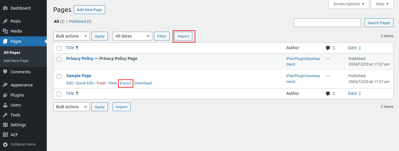 Export post action link