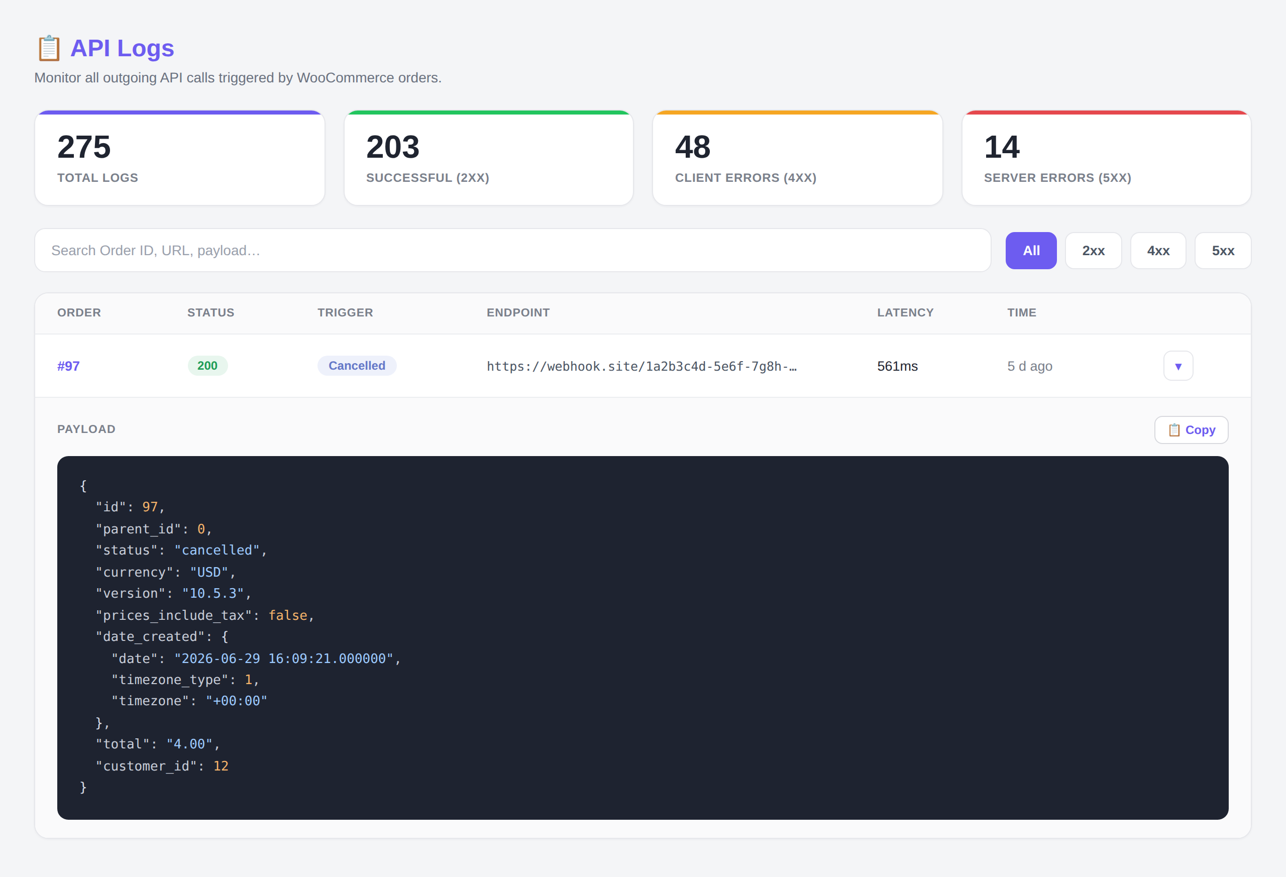 **API Logs** — Search your full history, check success rates, and open any call to see the exact payload that was sent (AnyAPI Lite)