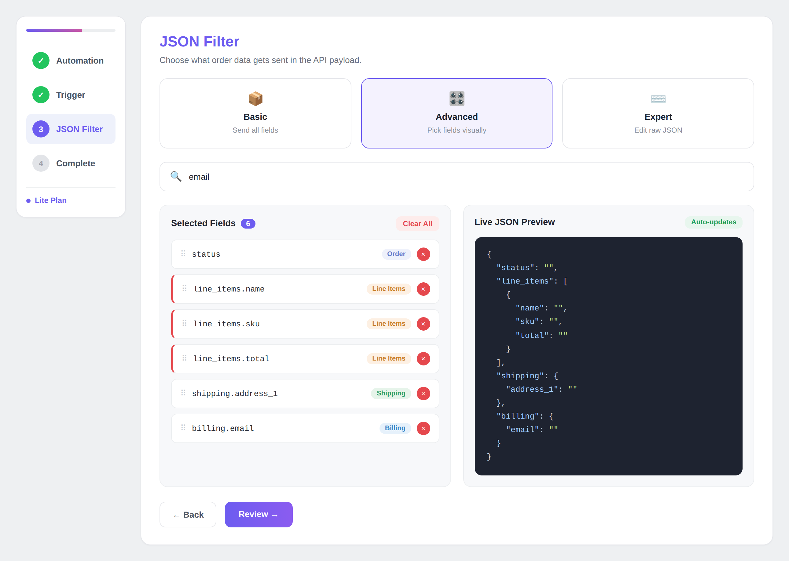 **JSON Filter** — Select exactly which WooCommerce order fields to include in your API payload (AnyAPI Lite)