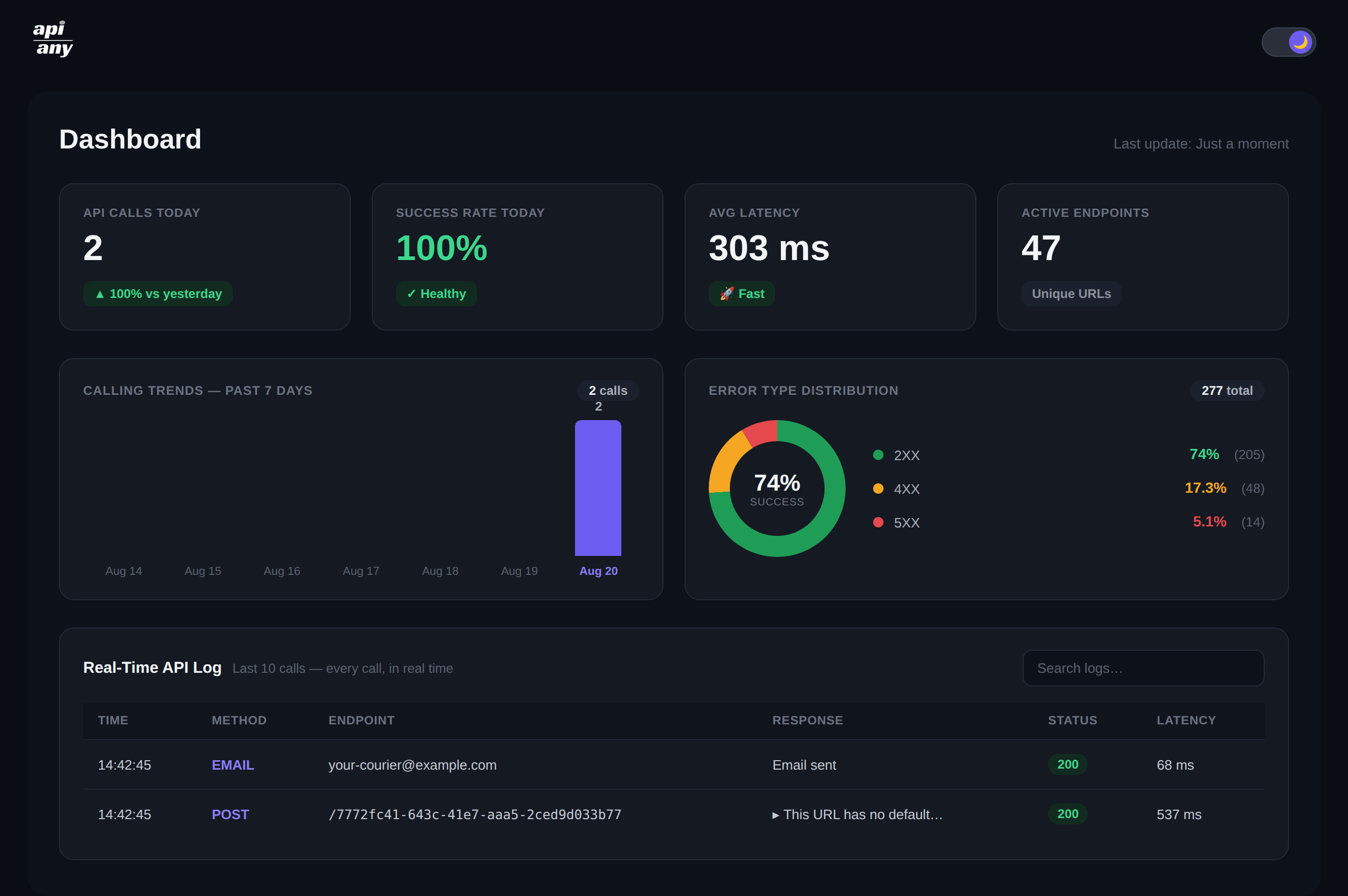 **Dark mode** — The full AnyAPI admin in dark mode