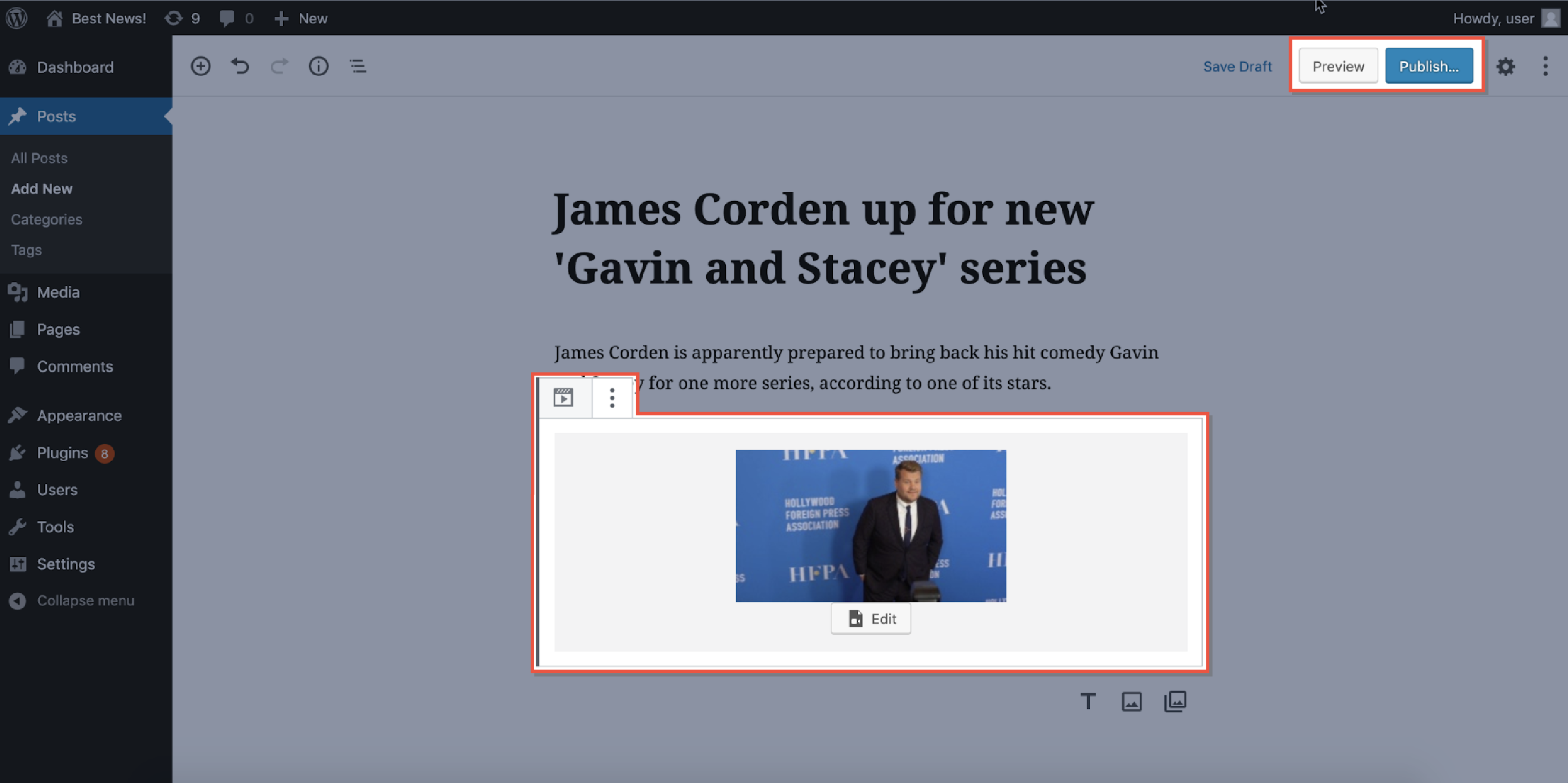 Edit playlist, preview or publish post/page