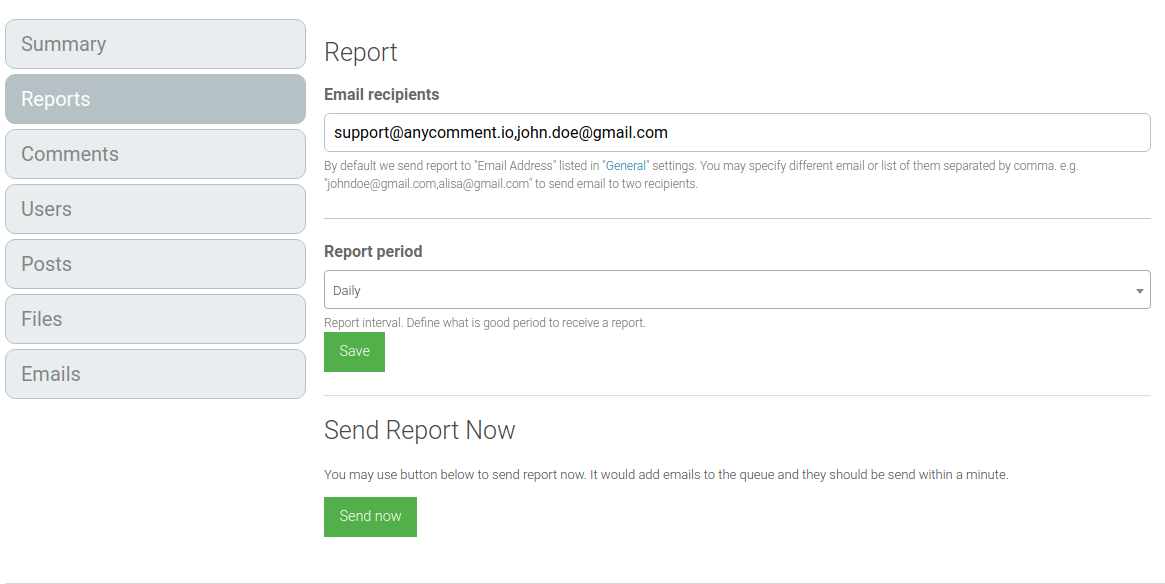 "Report" tab allows to configure automatic reports sent to specified email address(es).