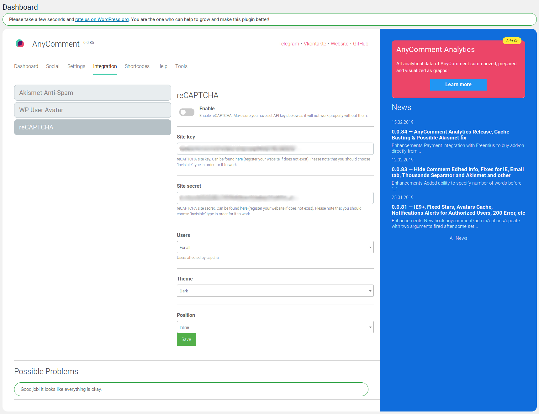 Social settings view. Ability to configure each social network.