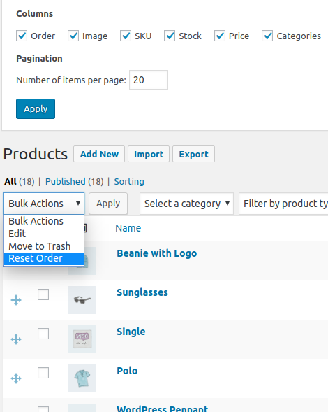 Enable/Disable arrangement with drag and drop on "Screen Options" tab. Reset bulk action.