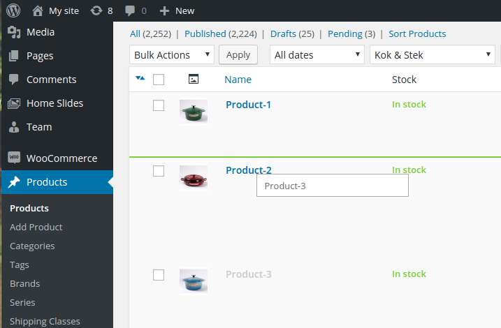 Dragging items. Also support custom post type like Woocommerce product.