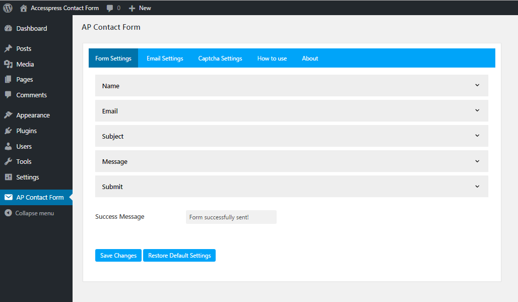 Backend Form Settings Section Closed