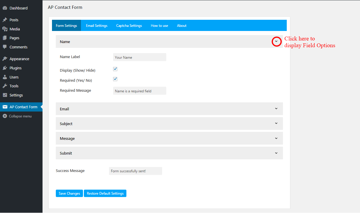 Backend Form Settings Section Open