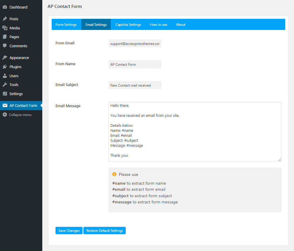 Backend Email Settings Section