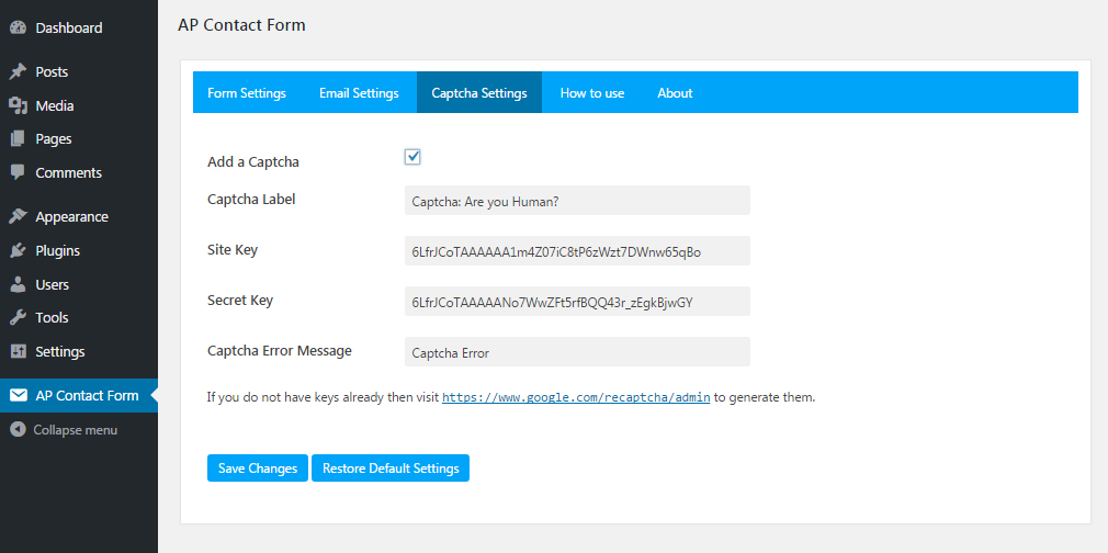 Backend Captcha Settings Section