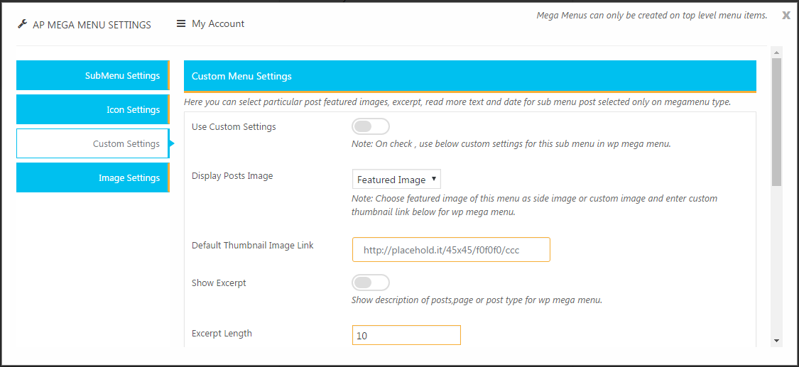 Top Level Menu Settings - Mega Menu Settings