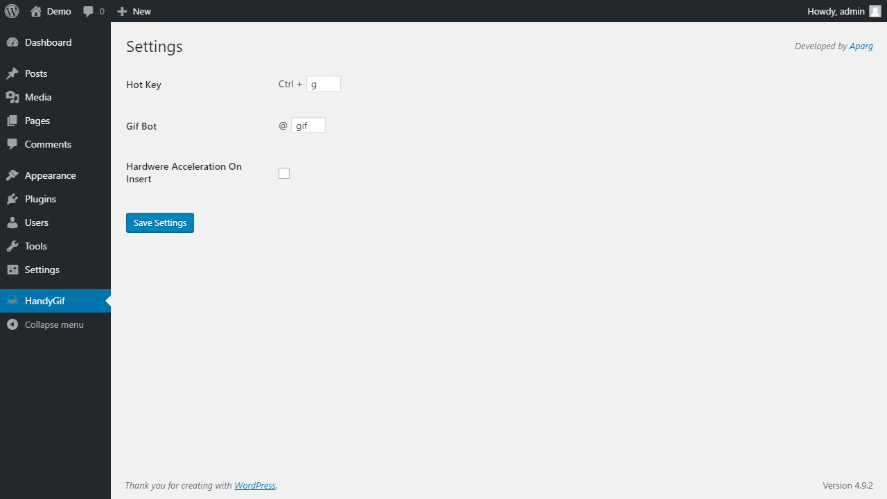 Settings page