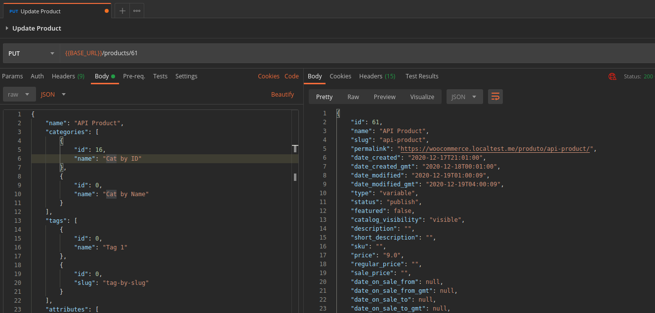 Example to update a Product with both categories with and without ID.