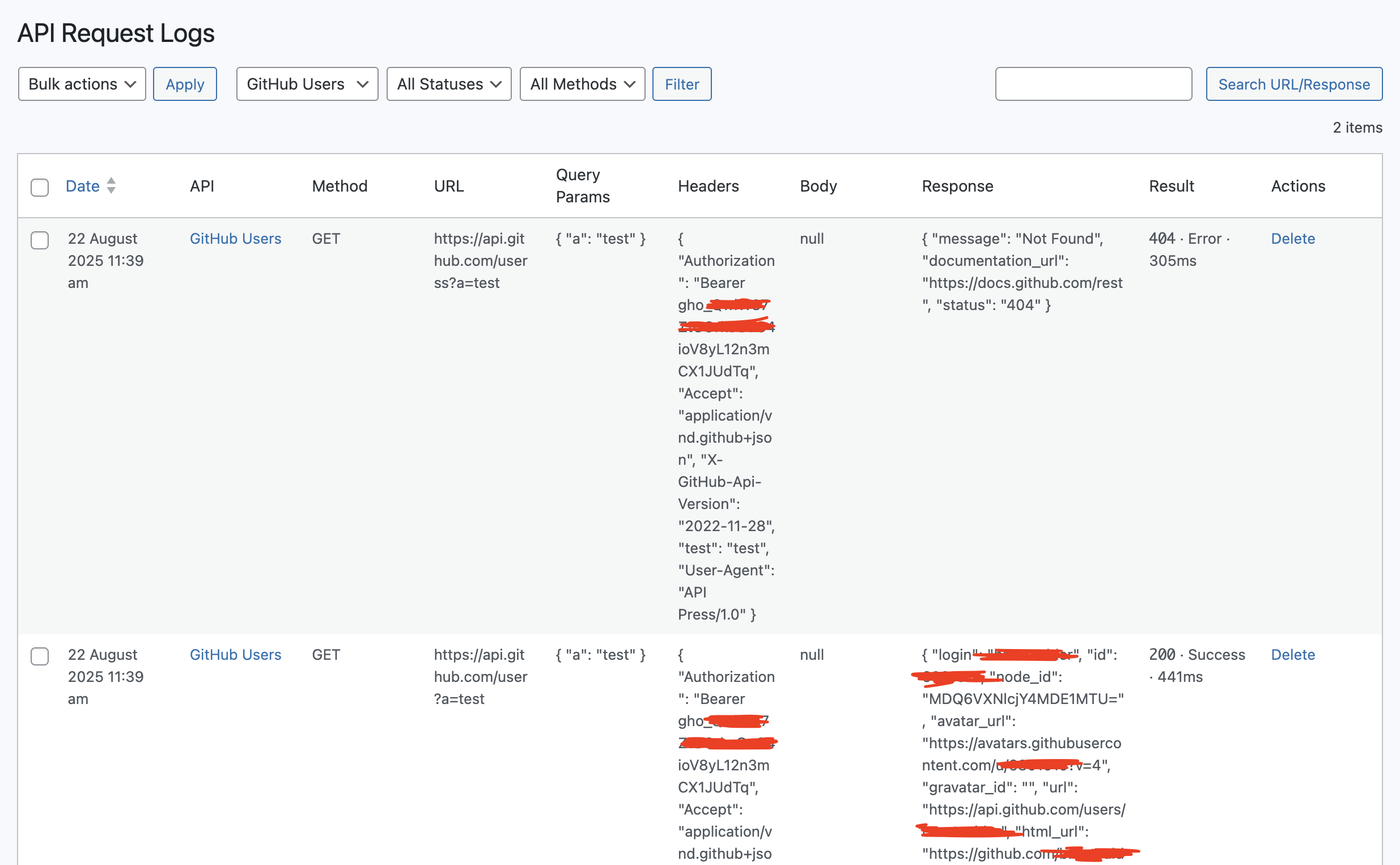 Log of all API calls