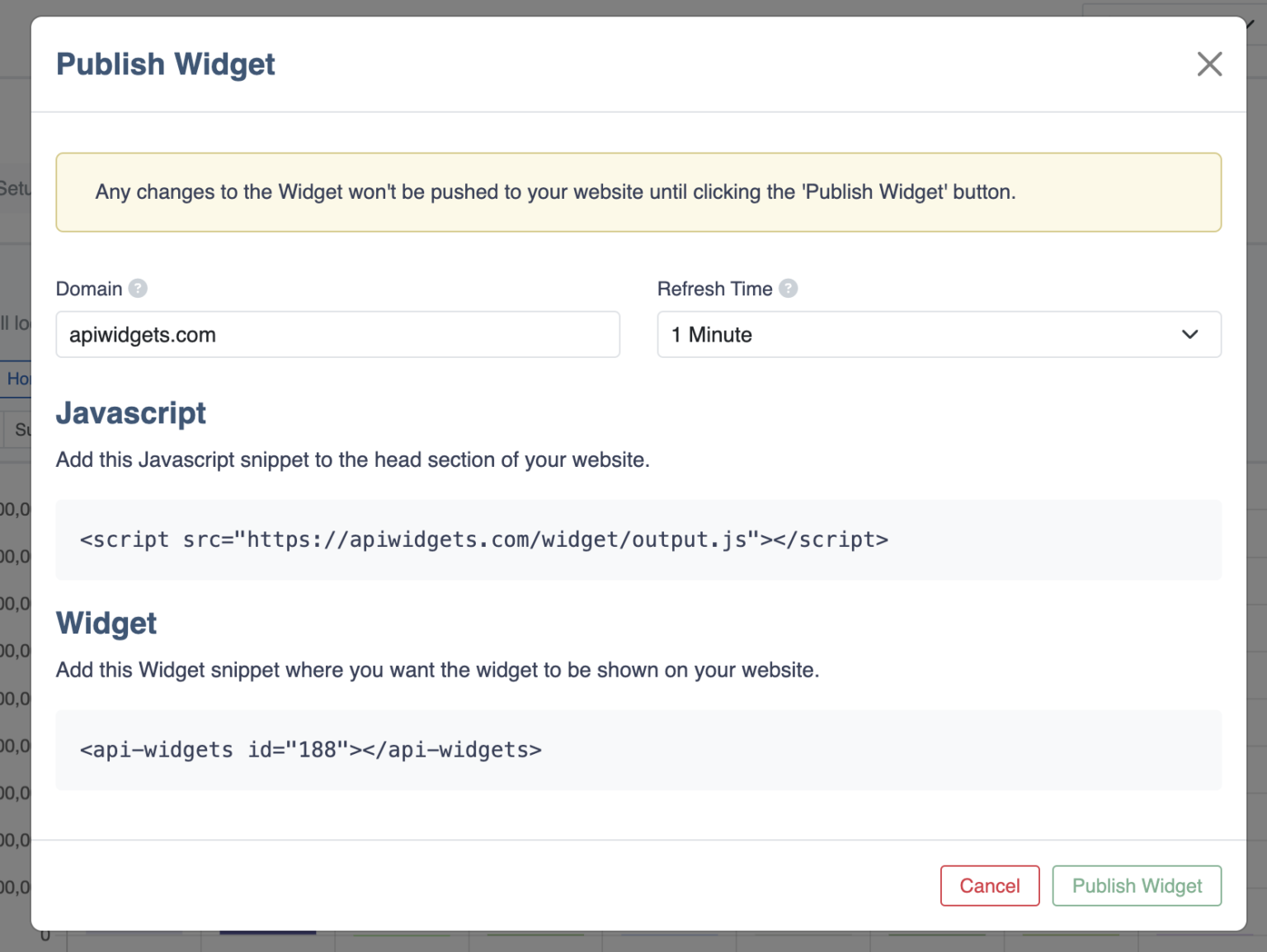 The embed options when publishing a Widget