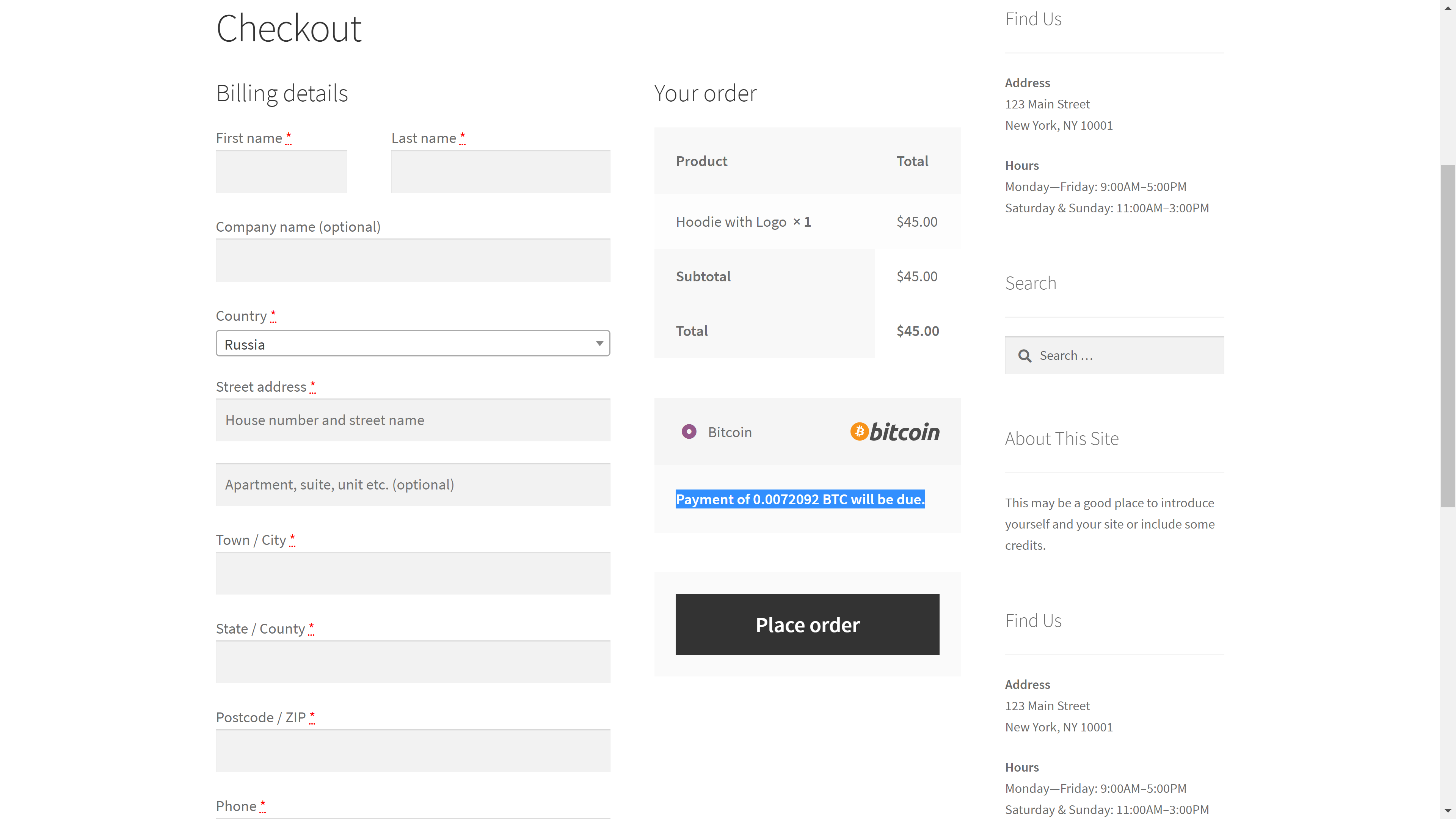 The store checkout page with pre-calculated amount in Bitcoins