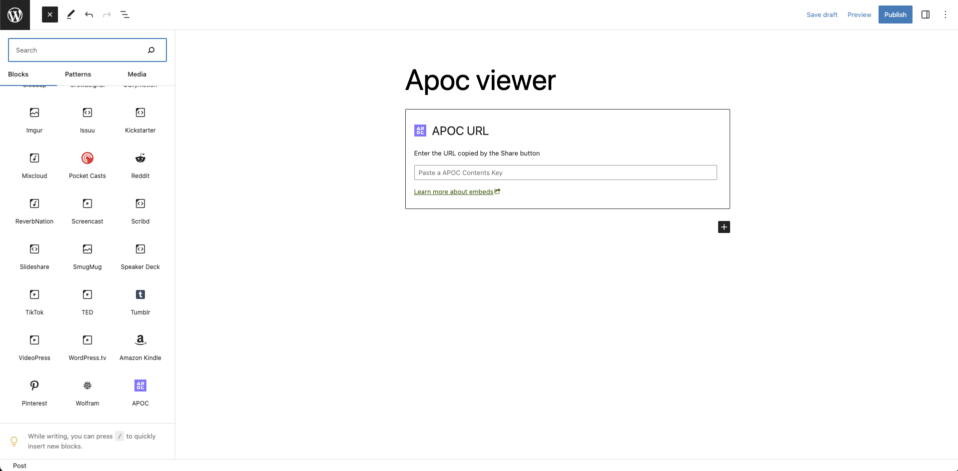 Please open Blocks Tab and select APOC Block!