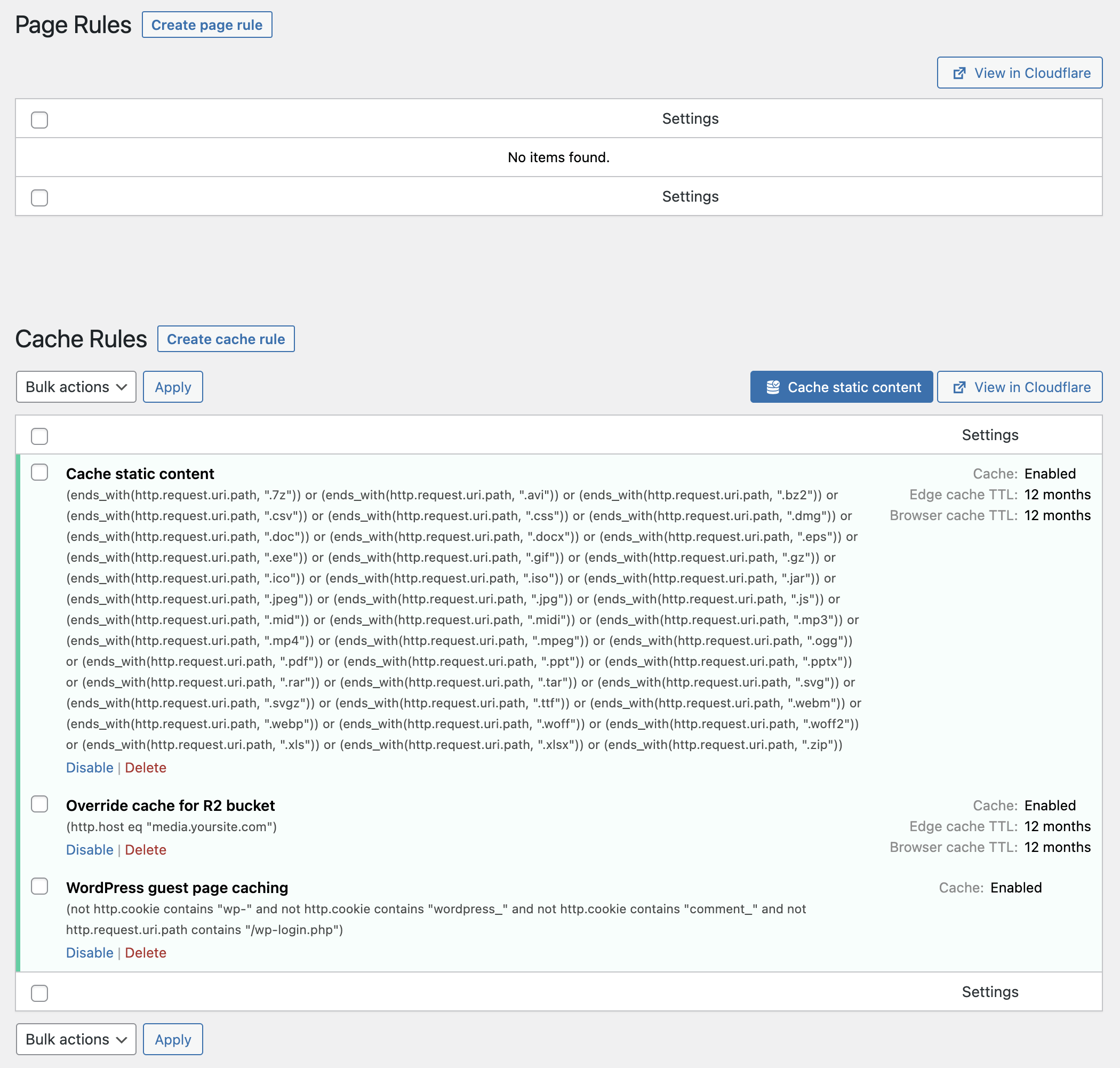 Control Cloudflare zone settings (Caching options shown here).