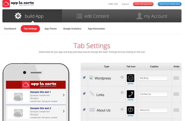 Setting up the app by selecting the Wordpress feature and dragging it to a desired position.