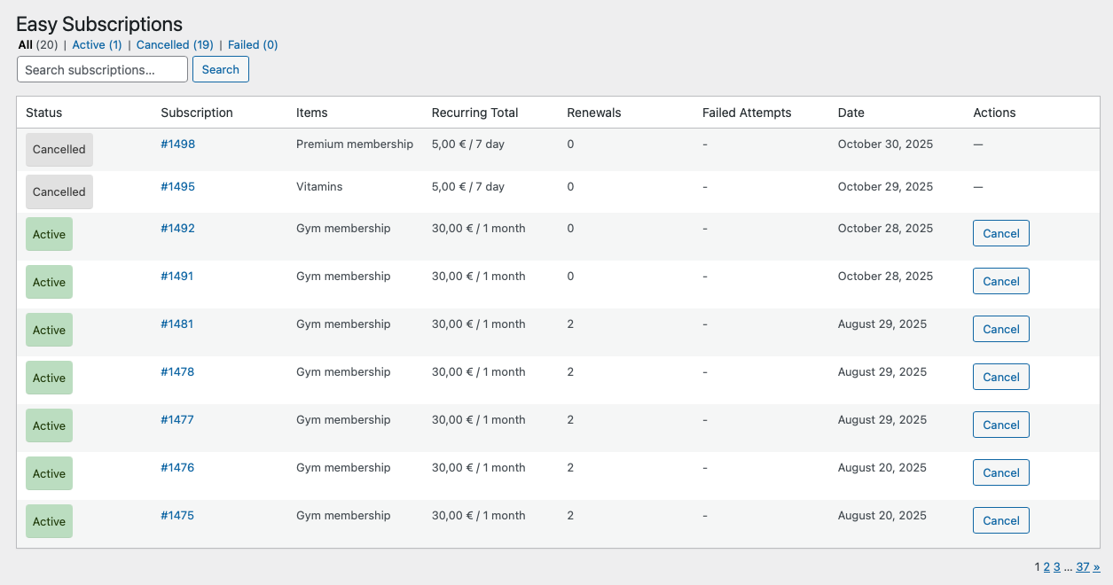 Admin subscription dashboard