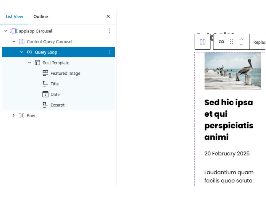 The carousel also supports the query loop block inside it.