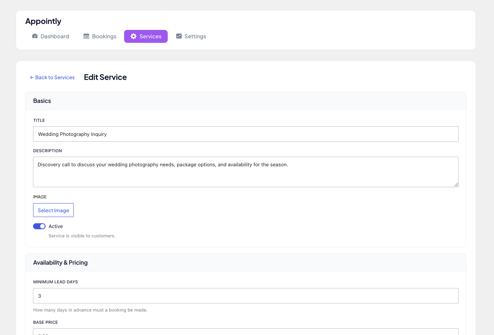 Service editor — title, description, image, lead time, base price, and the new day-mode / timeslot-mode toggle