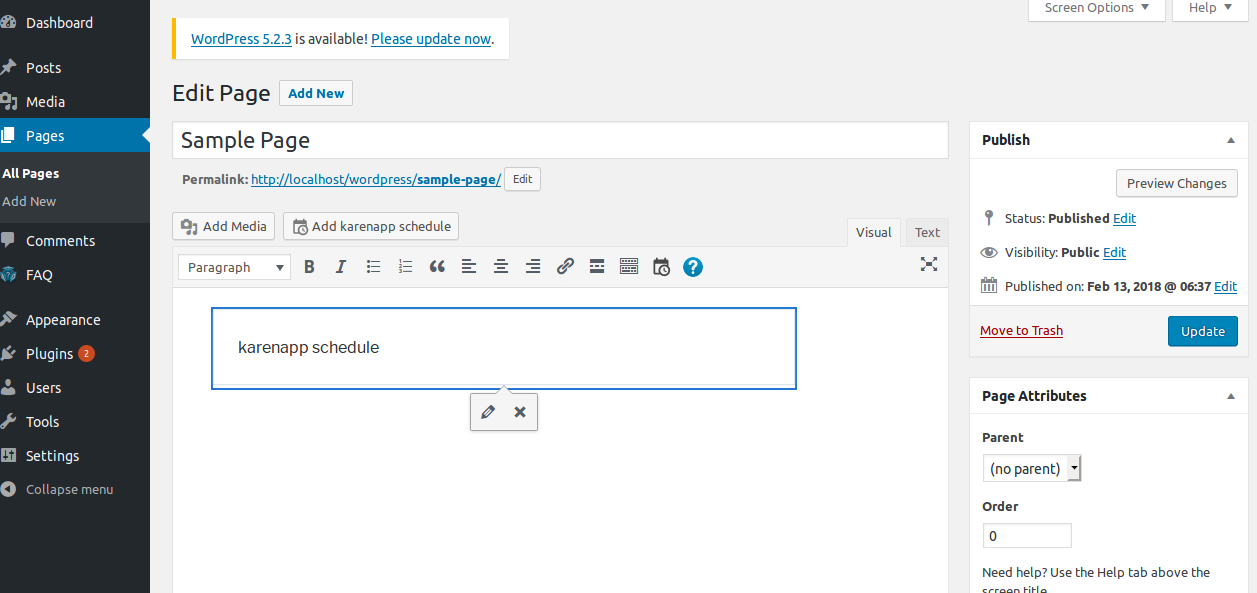 'karenapp schedule' element will show on editor when click on 'Add karenapp schedule' button