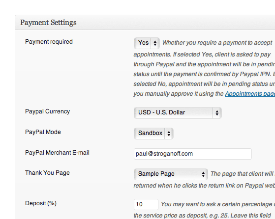 Payment settings page