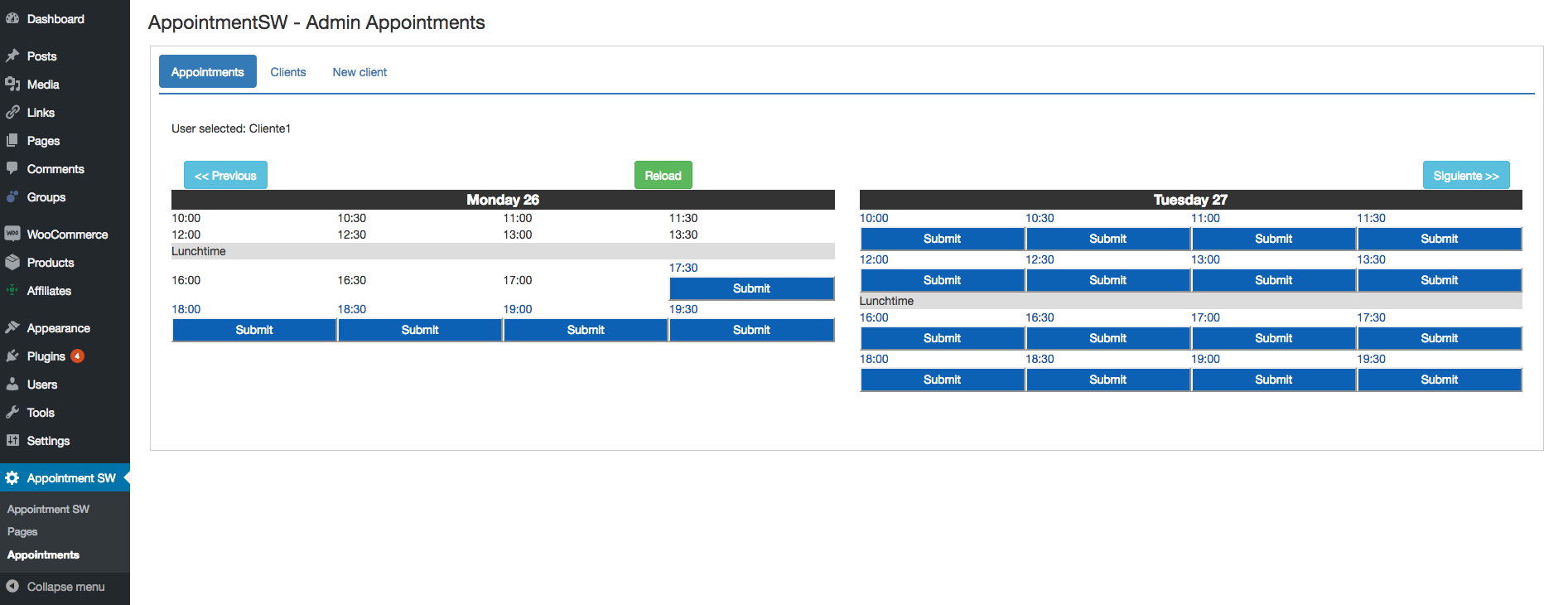 AppointmentSw > Appointments dashboard section.