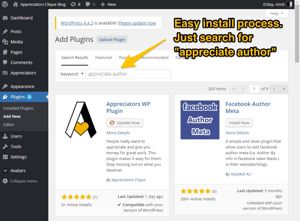 Easy install process. Goto "install plugin" in your wp admin area and search for "appreciate author". Click install.