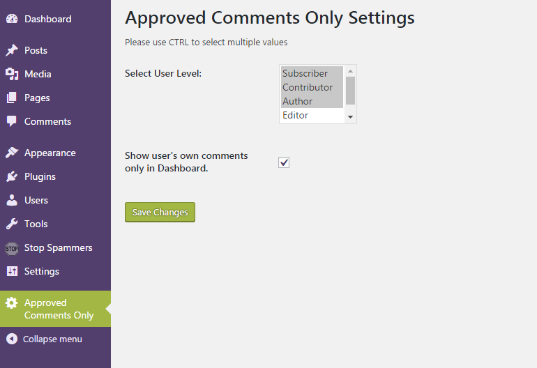 Approved Comments Only Settings page.