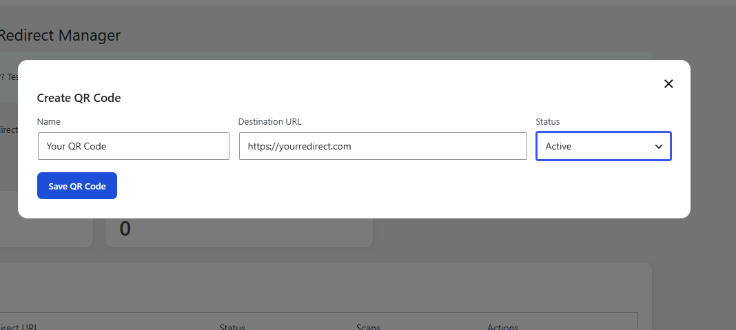 Create QR Code window for entering a name, destination URL, and status.
