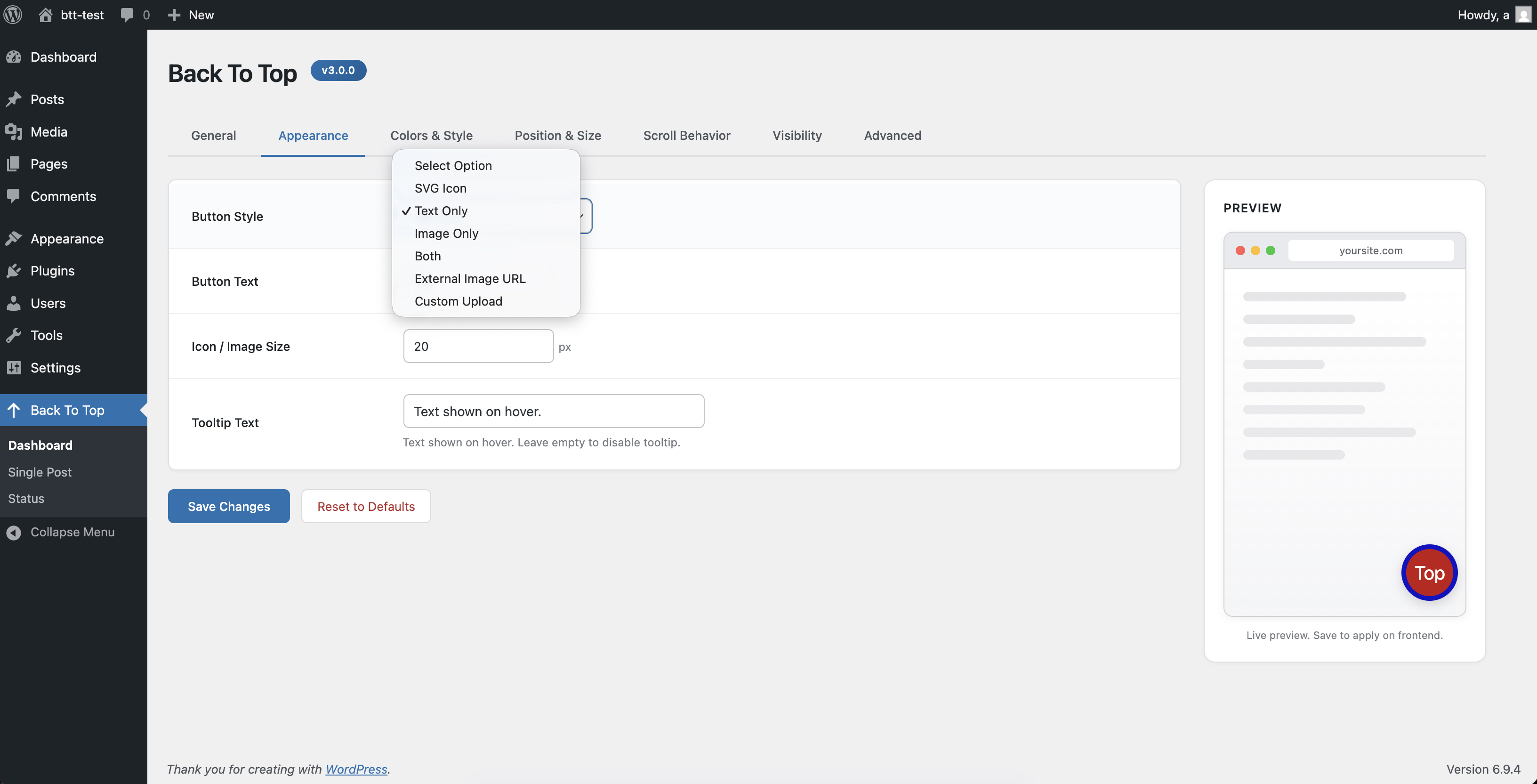 Appearance settings — choose from SVG Icon, Text Only, Image, Both, External URL, or Custom Upload.