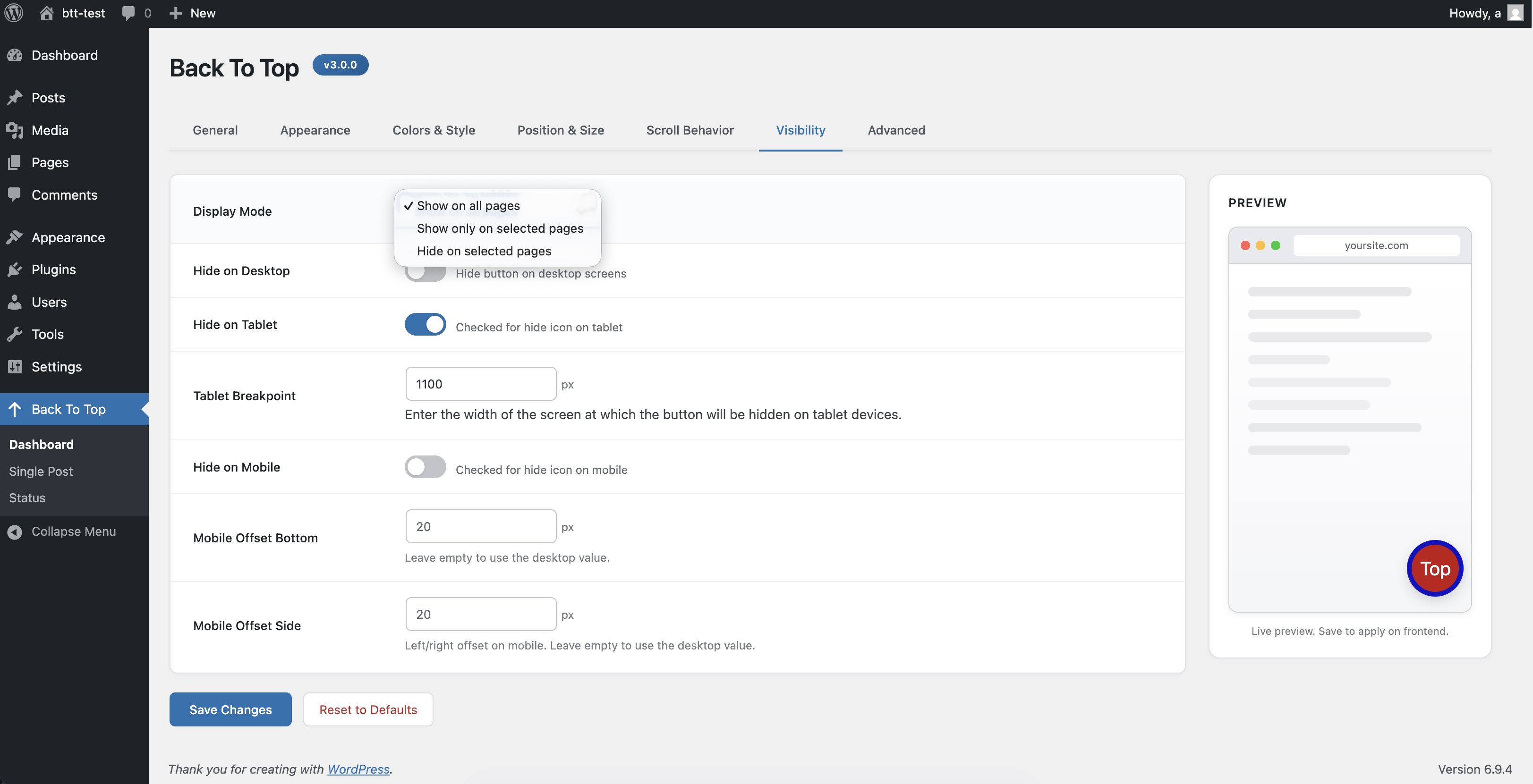 Visibility settings — control display mode, device-specific hiding, and custom breakpoints.