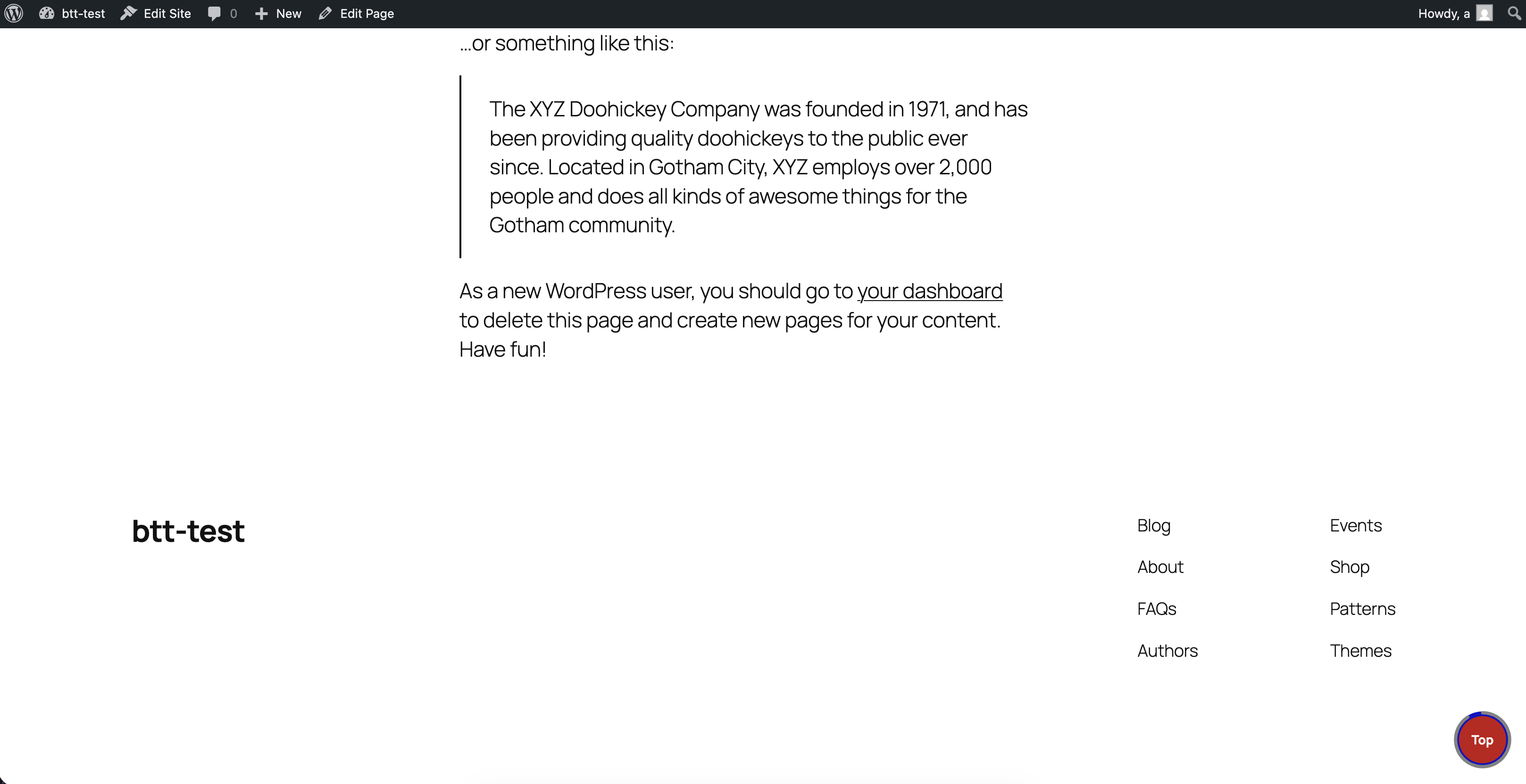 Frontend output — the back-to-top button displayed on a live WordPress site.