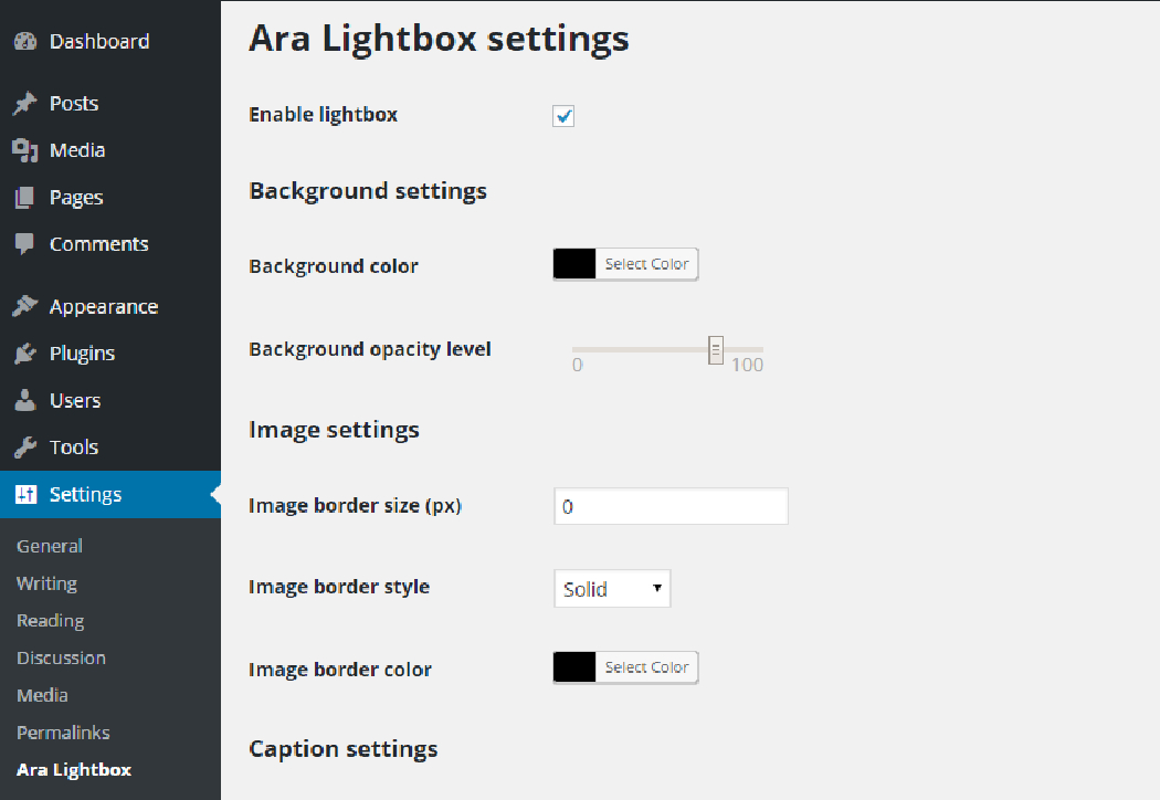The option page allows you to customize your lightbox style.