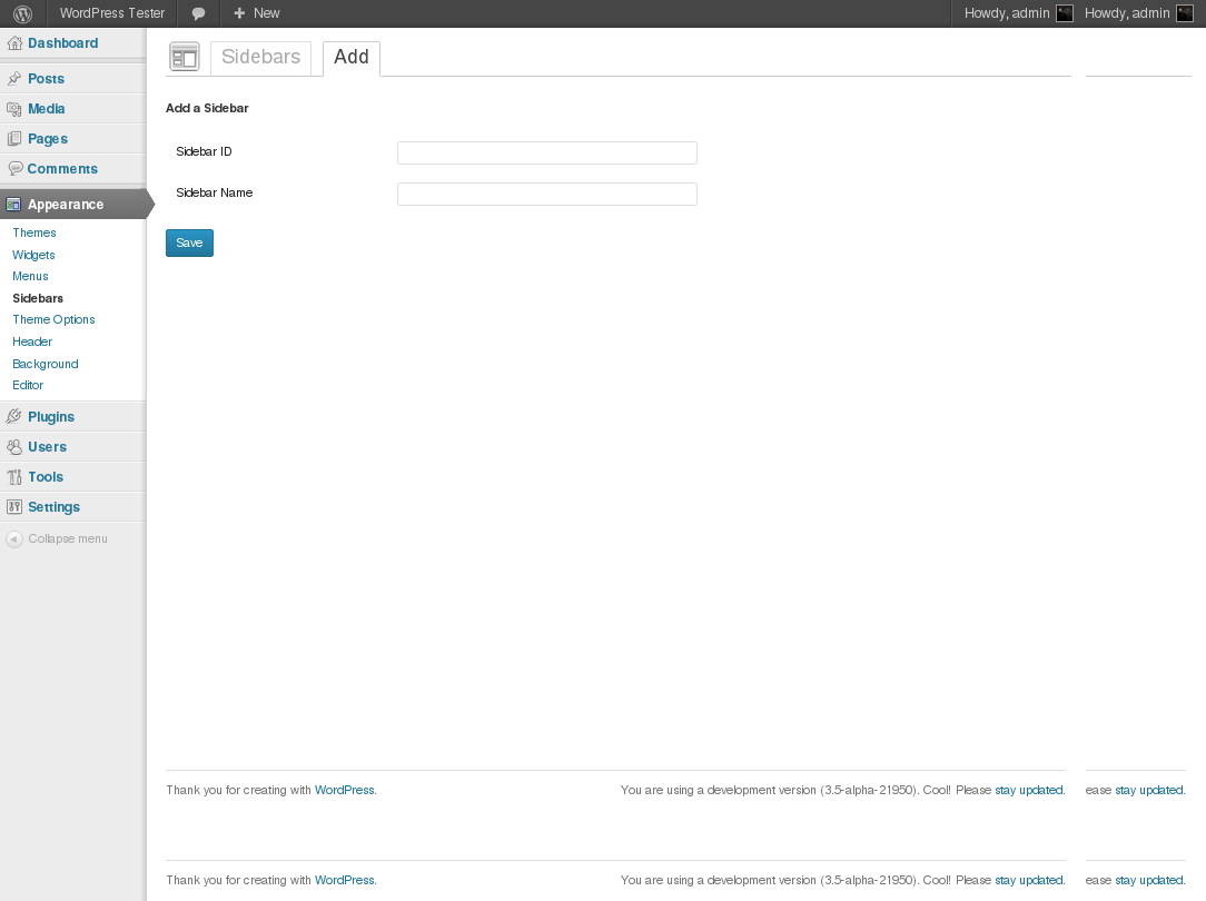 View of the admin list table, where you see all the sidebars current registered with this plugin.