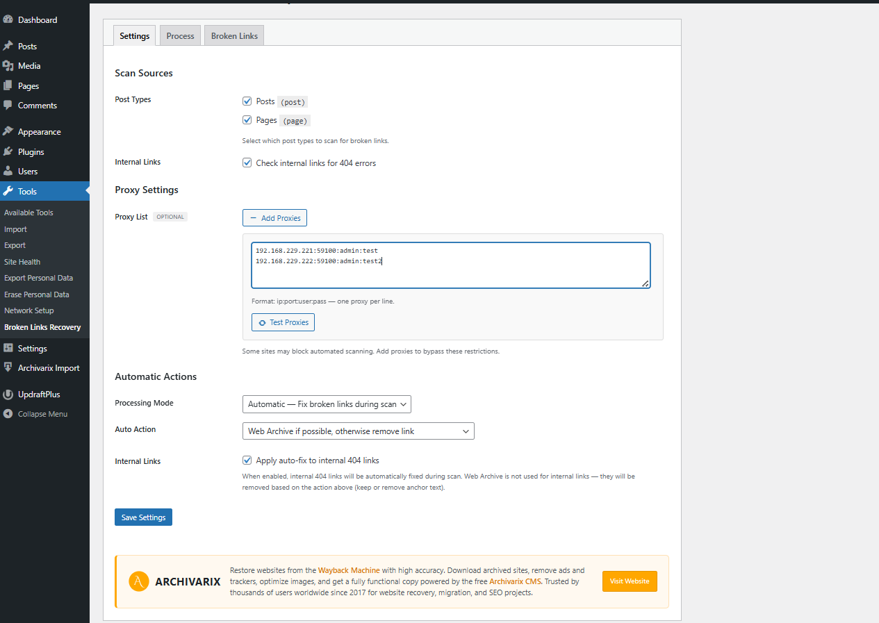 Settings page with proxy list and internal link checking enabled